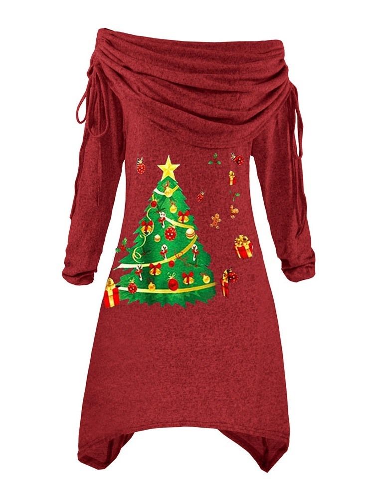 Robe À Enfiler Asymétrique À Manches Longues Et À Col En Tas D'arbre De Noël Pour Femmes