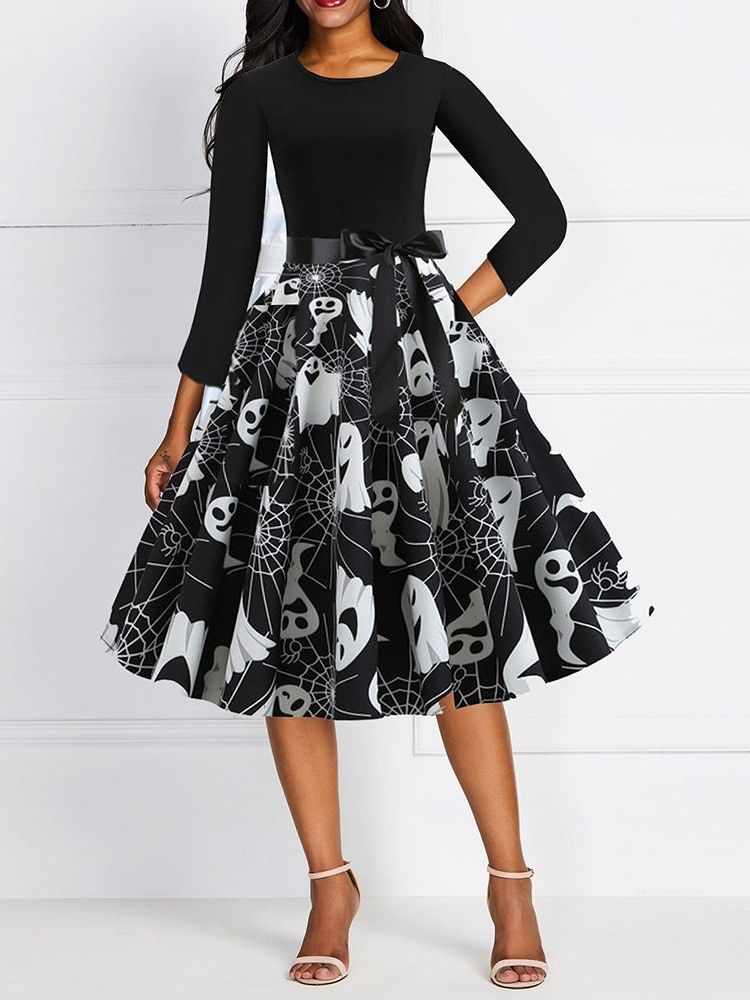 Robe À Enfiler À Taille Standard Et Nœud Papillon À Manches Mi-mollet Pour Femmes