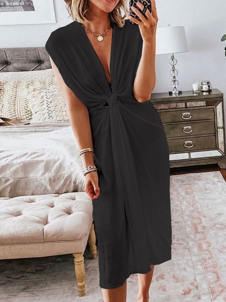 Robe Pour Femme Unie À Manches Courtes Et À Col En V