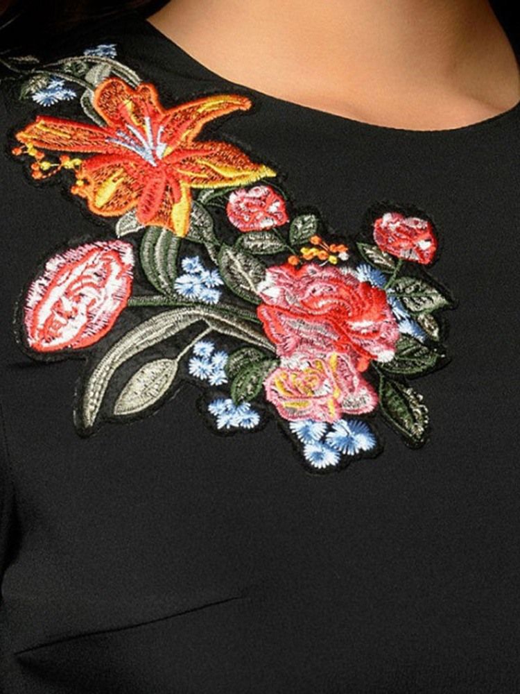 Robe À Fleurs Mi-longue À Broderies À Col Rond Pour Femmes