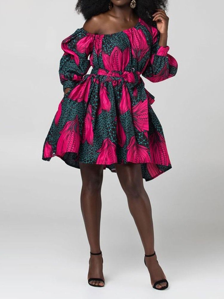 Robe À Fleurs À La Mode Africaine À Col Oblique Et À Manches Lanterne Au-dessus Du Genou