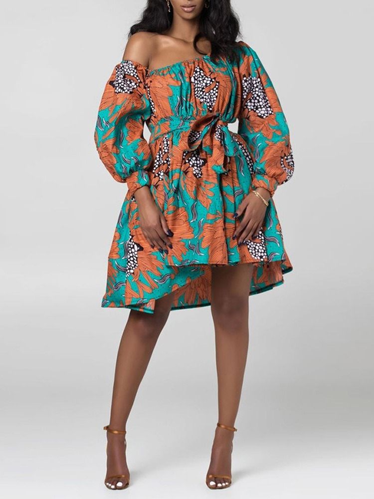 Robe À Fleurs À La Mode Africaine À Col Oblique Et À Manches Lanterne Au-dessus Du Genou