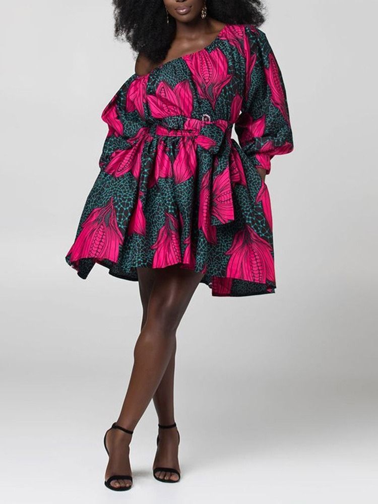 Robe À Fleurs À La Mode Africaine À Col Oblique Et À Manches Lanterne Au-dessus Du Genou