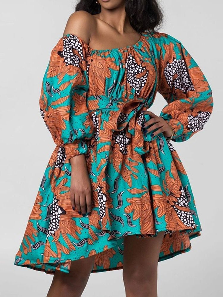 Robe À Fleurs À La Mode Africaine À Col Oblique Et À Manches Lanterne Au-dessus Du Genou