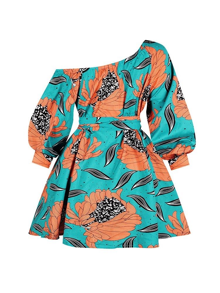 Robe À Fleurs À La Mode Africaine À Col Oblique Et À Manches Lanterne Au-dessus Du Genou