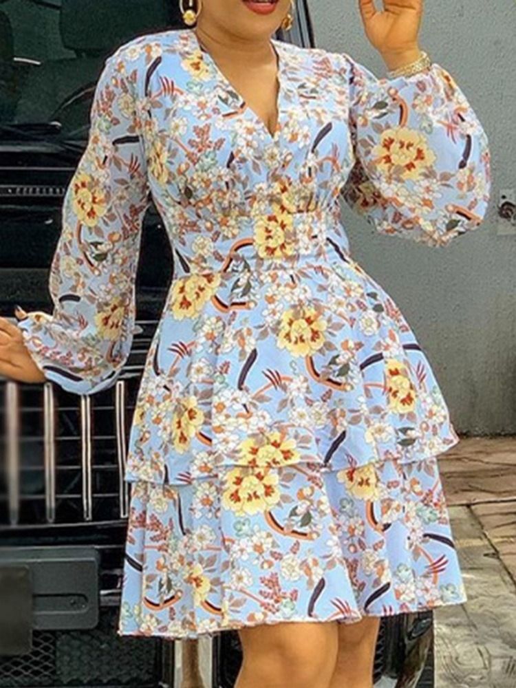 Robe À Fleurs Superposées À Manches Longues Et Au Genou Pour Femmes