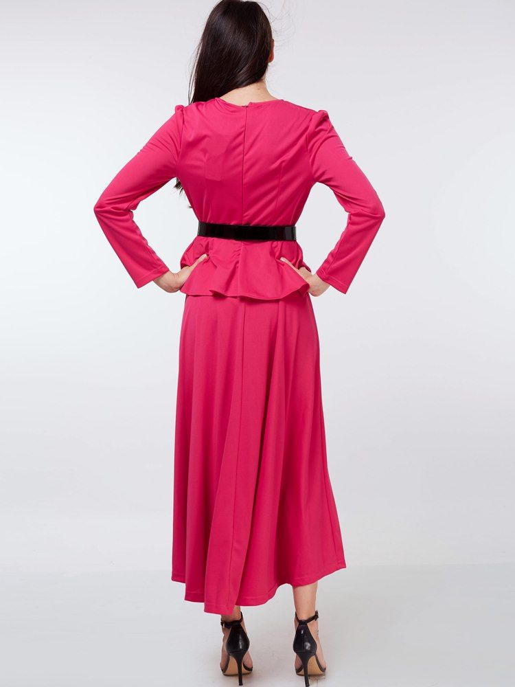 Robe Longue À Manches Longues Et Péplum De Couleur Unie Pour Femmes