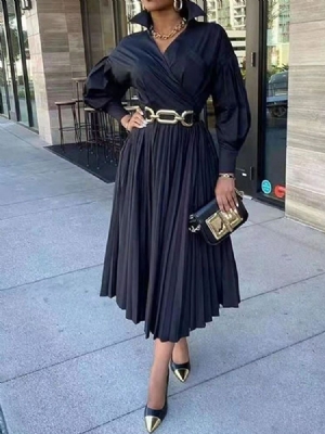 Robe Noire À Manches Longues Et À Mi-mollet Pour Femmes