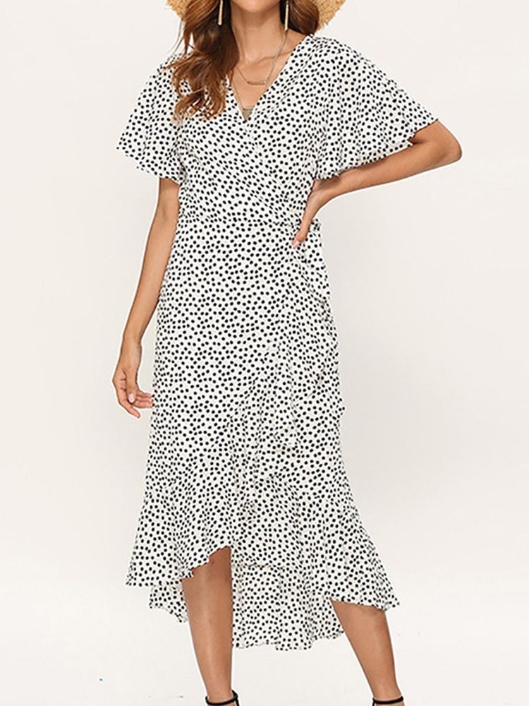 Robe À Pois Asymétrique À Manches Courtes Et À Manches Courtes Pour Femmes