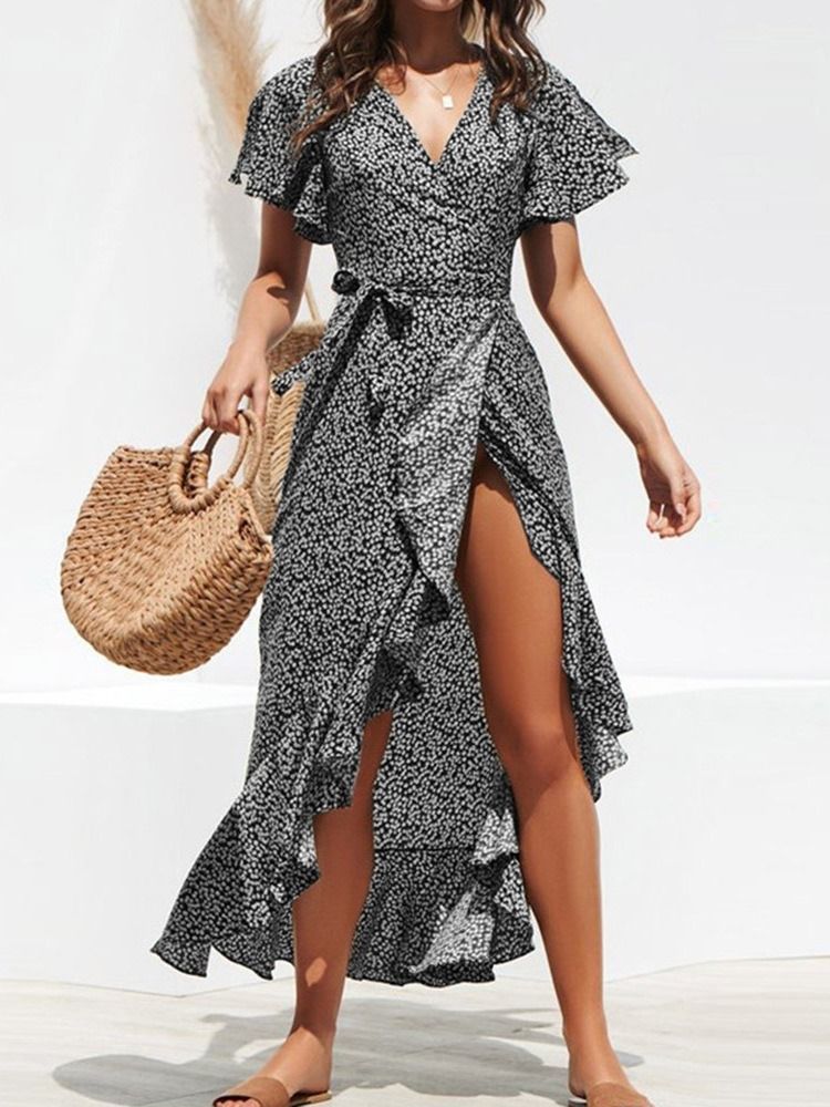 Robe À Pois Asymétrique À Manches Courtes Et À Manches Courtes Pour Femmes