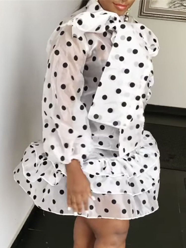 Robe À Pois Avec Col À Nœud Au-dessus Du Genou Pour Femme