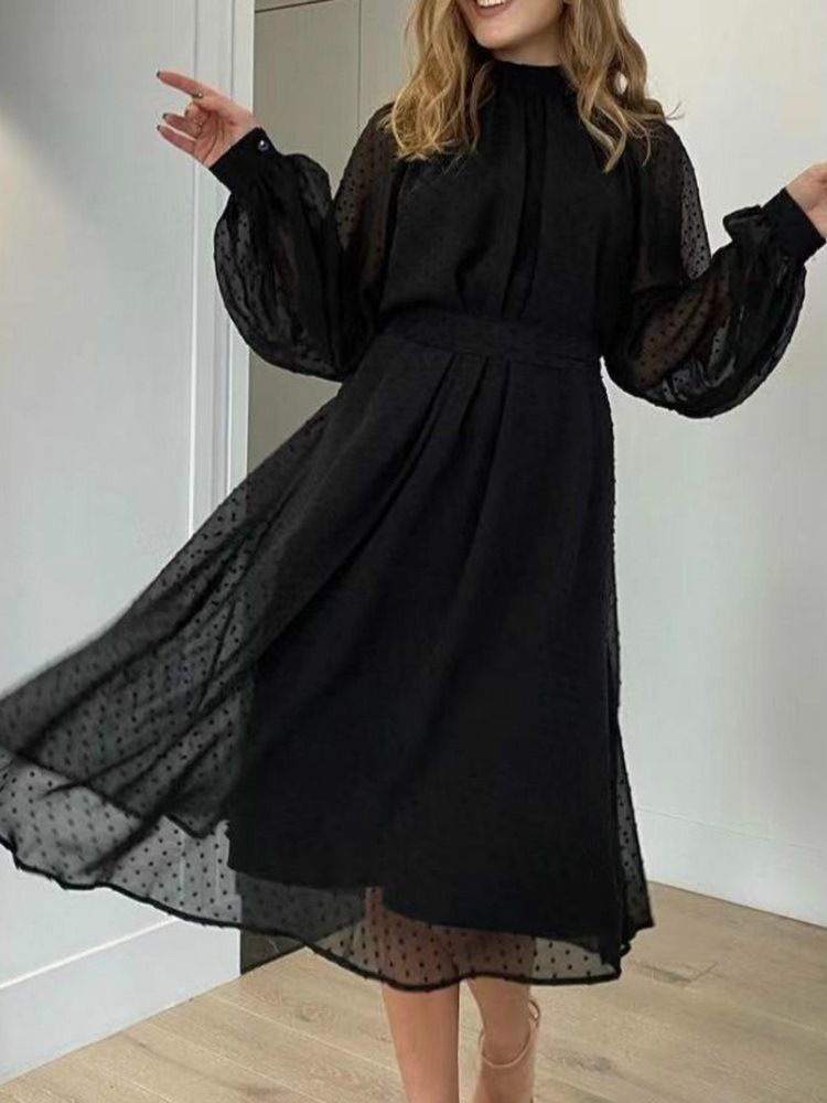 Robe À Pois D'automne À Col Montant Et À Mi-mollet Pour Femmes