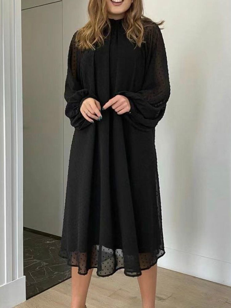 Robe À Pois D'automne À Col Montant Et À Mi-mollet Pour Femmes