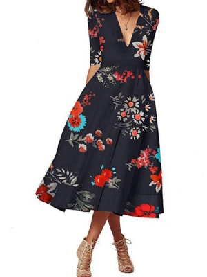 Robe Régulière À Fleurs Mi-mollet À Manches Longues Et À Expansion Pour Femmes