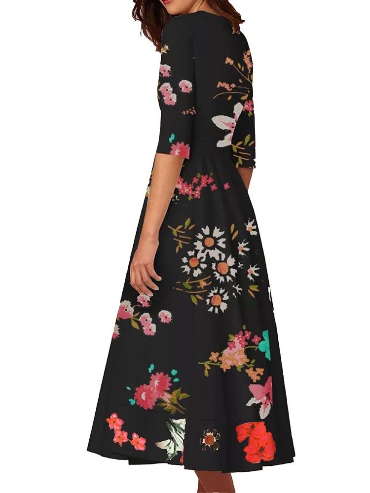 Robe Régulière À Fleurs Mi-mollet À Manches Longues Et À Expansion Pour Femmes