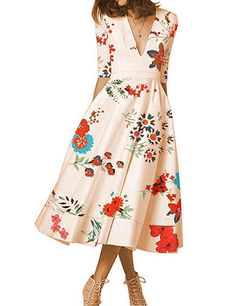 Robe Régulière À Fleurs Mi-mollet À Manches Longues Et À Expansion Pour Femmes