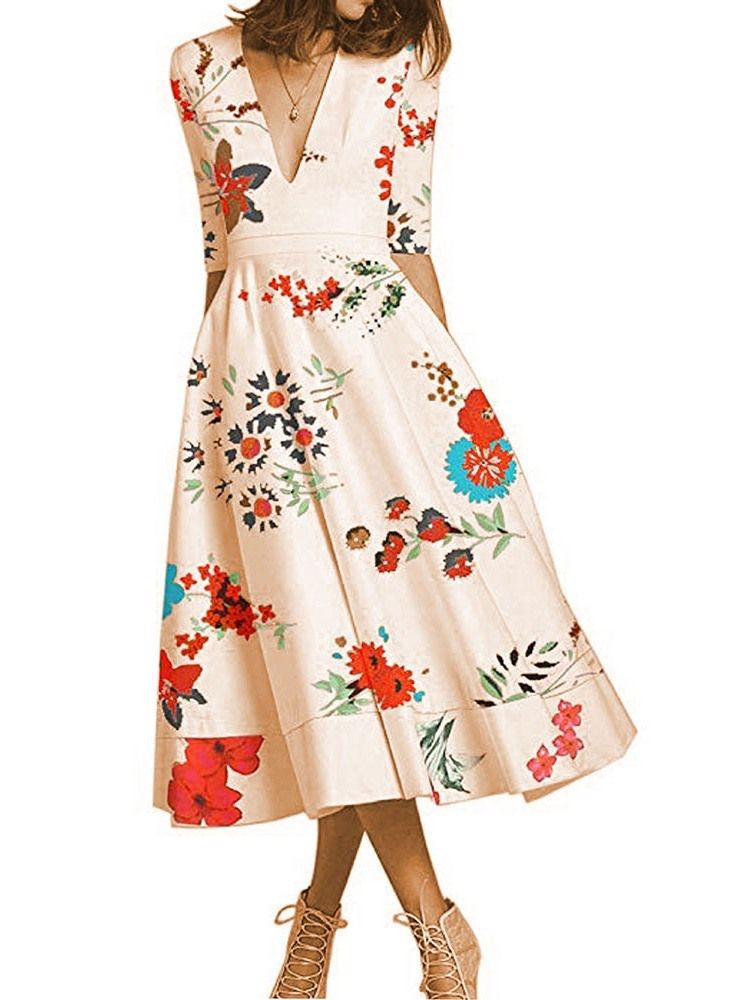 Robe Régulière À Fleurs Mi-mollet À Manches Longues Et À Expansion Pour Femmes