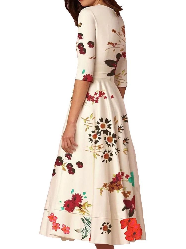 Robe Régulière À Fleurs Mi-mollet À Manches Longues Et À Expansion Pour Femmes