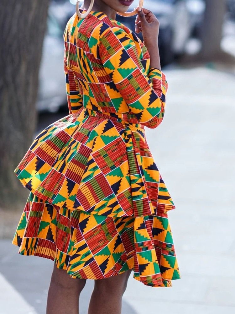 Robe Régulière Géométrique À Manches Trois-quarts Falbala Pour Femmes