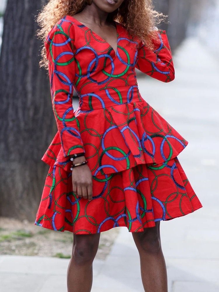 Robe Régulière Géométrique À Manches Trois-quarts Falbala Pour Femmes