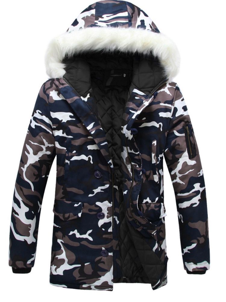 Manteau D'hiver Pour Hommes Avec Col En Fausse Fourrure À Imprimé Camouflage