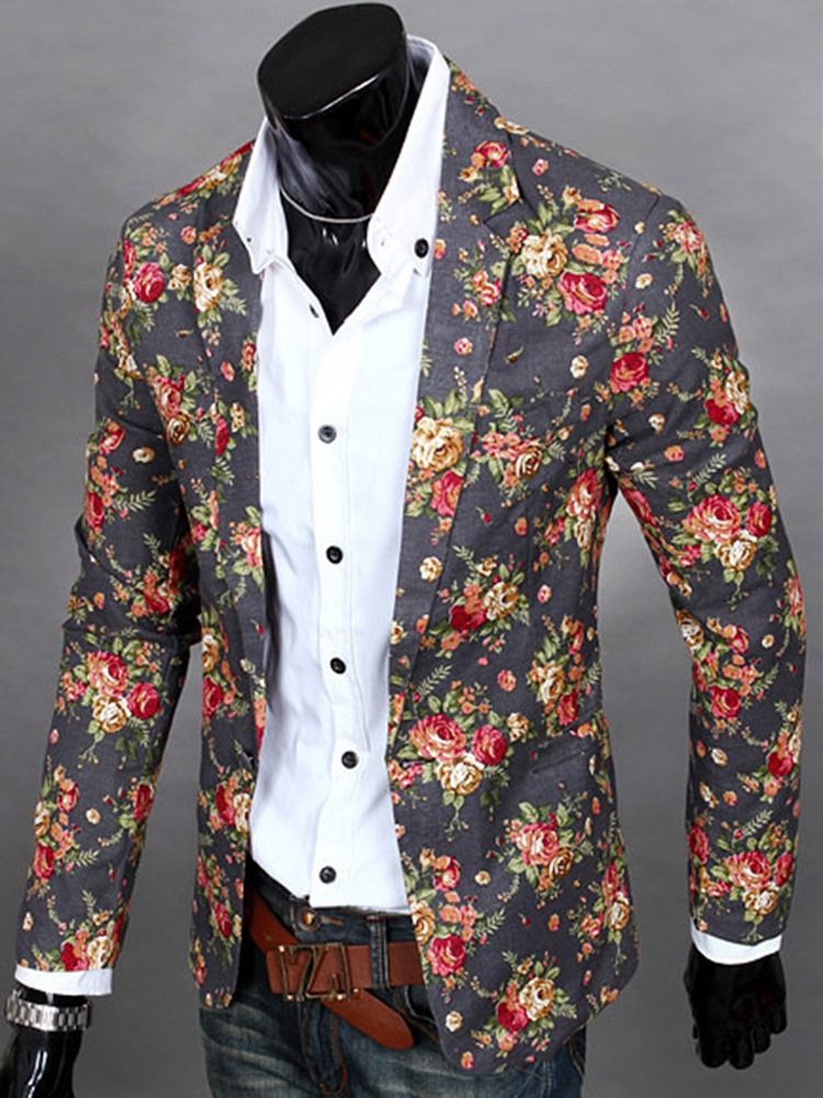 Blazer Décontracté À Imprimé Floral À Revers Cranté Pour Hommes