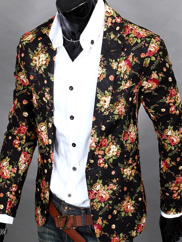 Blazer Décontracté À Imprimé Floral À Revers Cranté Pour Hommes