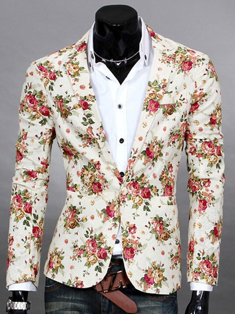 Blazer Décontracté À Imprimé Floral À Revers Cranté Pour Hommes