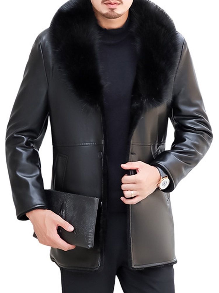 Blouson En Cuir Ol Slim Mi-long À Revers Uni Pour Homme