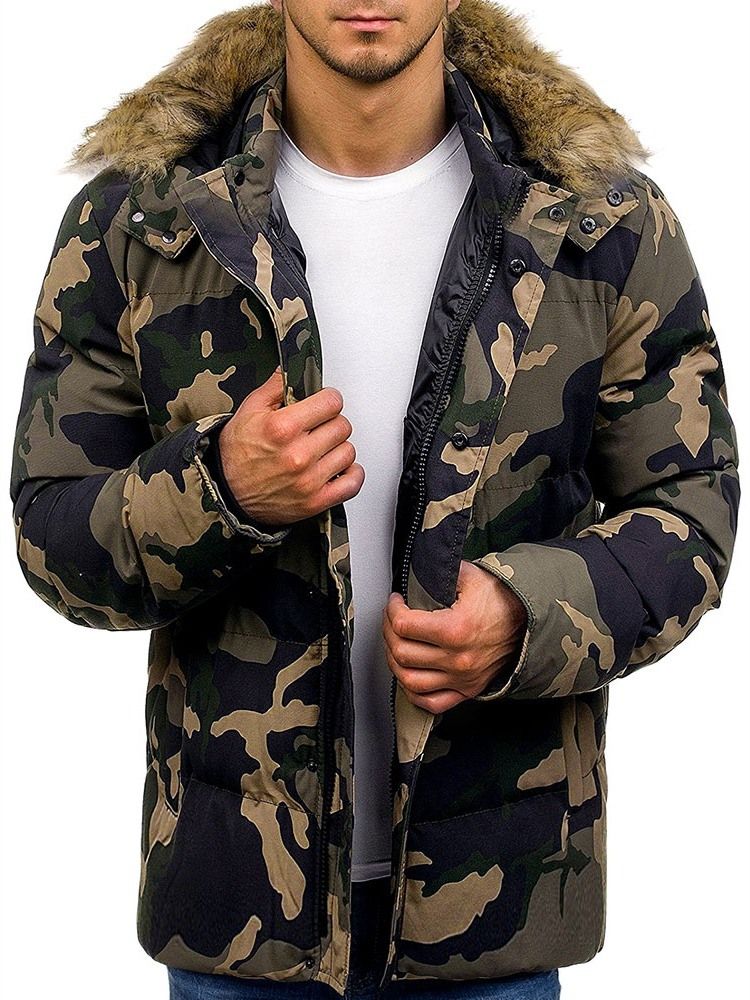 Doudoune Mi-longue À Poche Camouflage Avec Fermeture Éclair Décontractée Pour Hommes