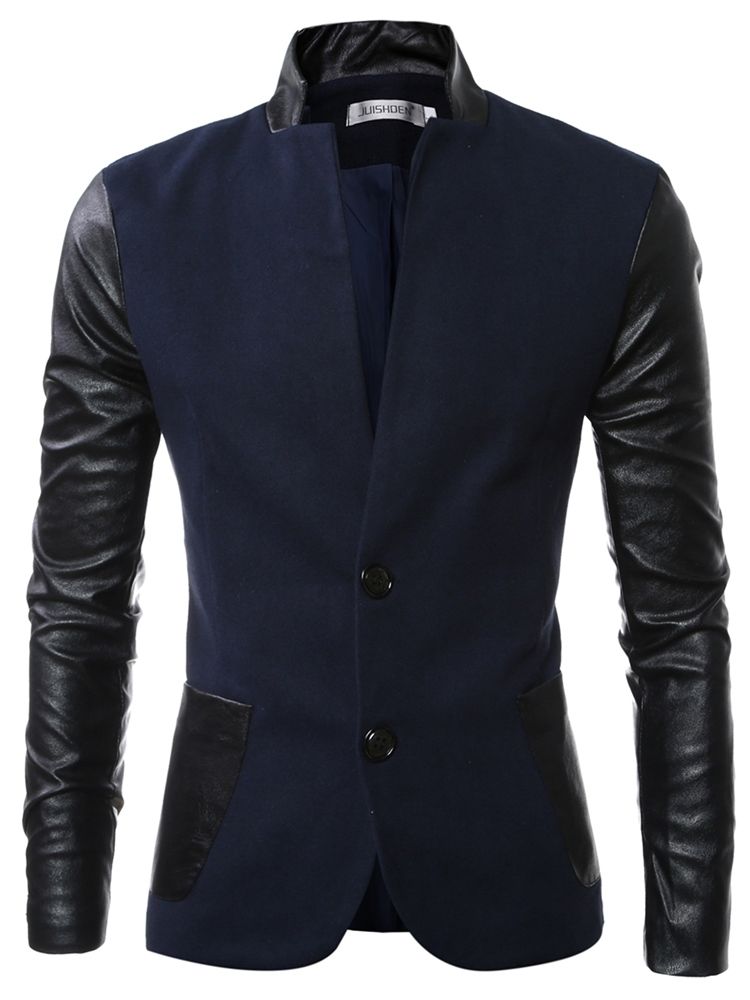 Veste À Col Montant En Pu Patchwork Slim Pour Hommes