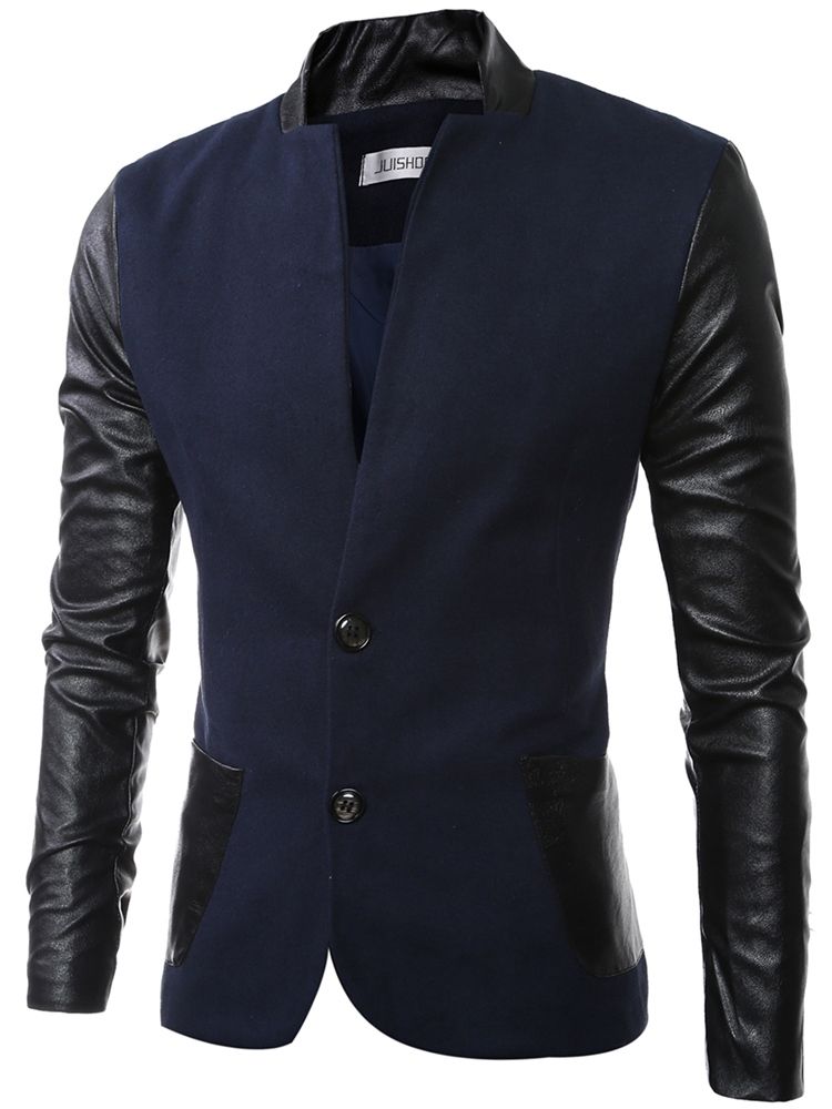 Veste À Col Montant En Pu Patchwork Slim Pour Hommes