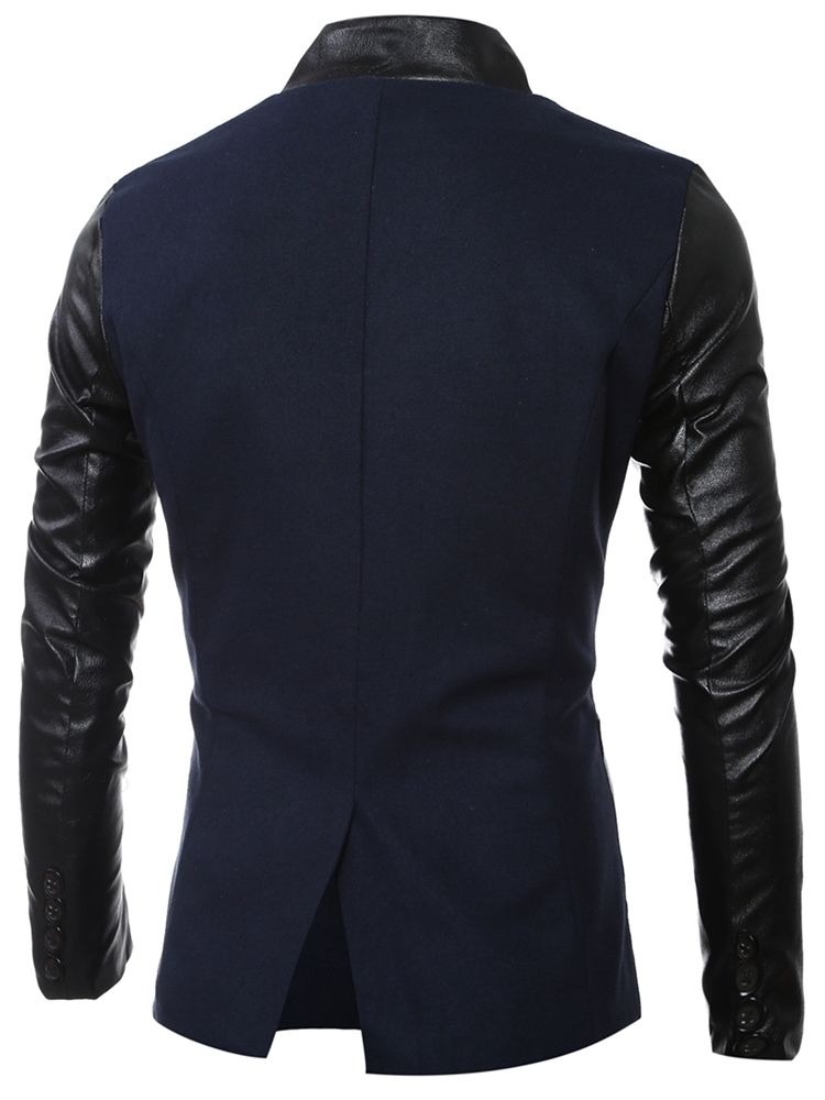 Veste À Col Montant En Pu Patchwork Slim Pour Hommes