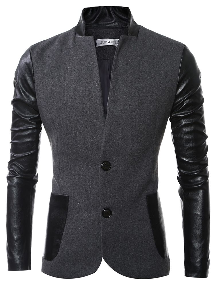 Veste À Col Montant En Pu Patchwork Slim Pour Hommes