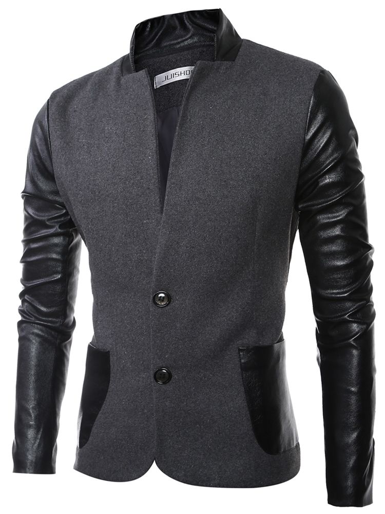 Veste À Col Montant En Pu Patchwork Slim Pour Hommes