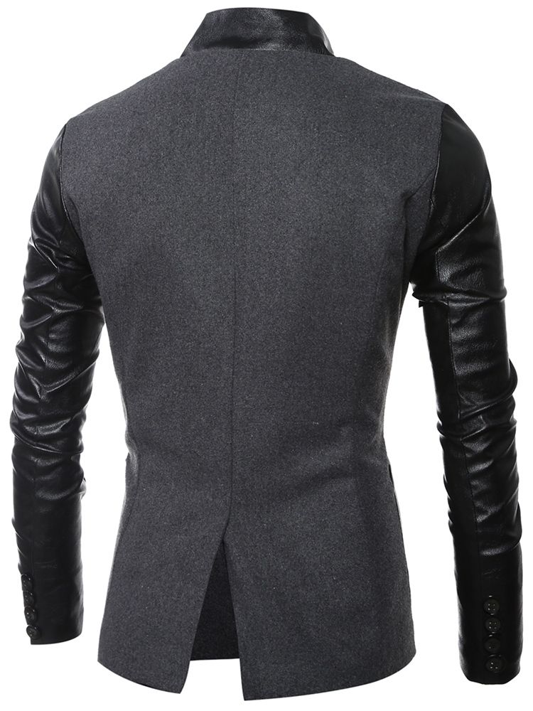 Veste À Col Montant En Pu Patchwork Slim Pour Hommes