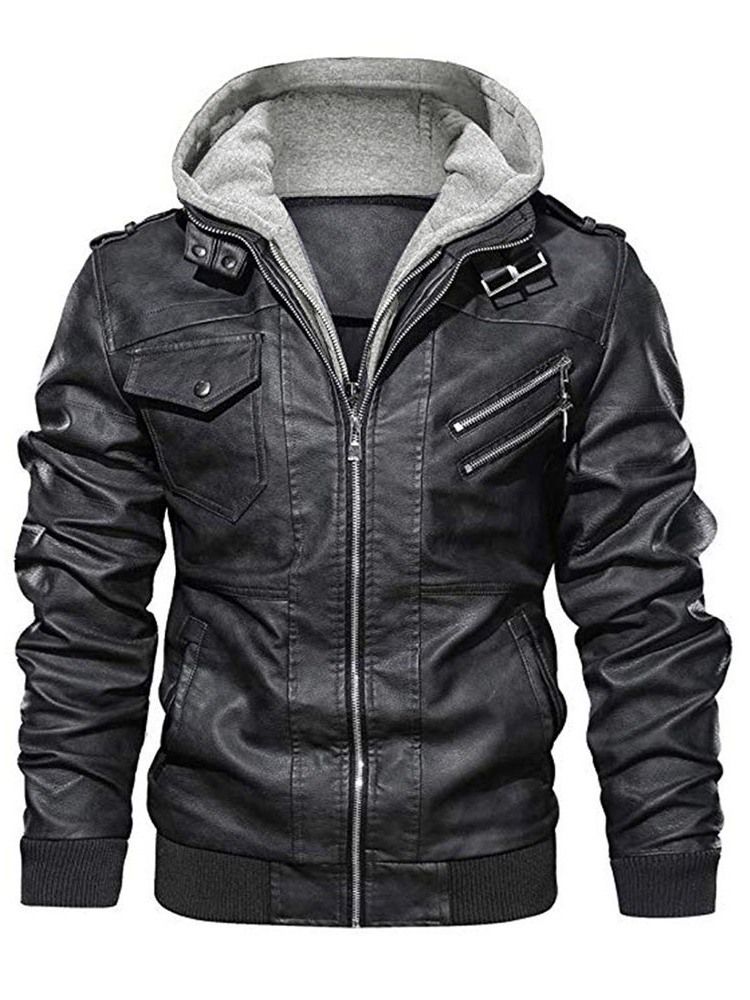 Veste En Cuir À Capuche Unie Slim Patchwork Pour Hommes Standard