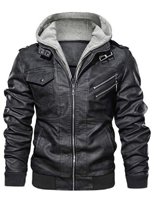 Veste En Cuir À Capuche Unie Slim Patchwork Pour Hommes Standard