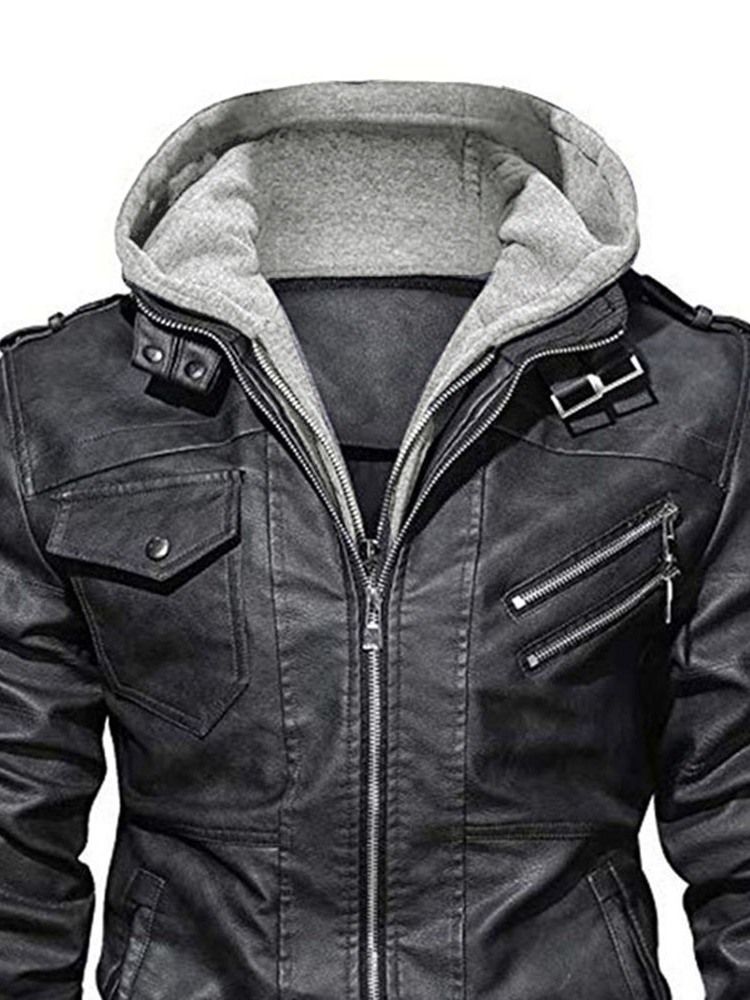 Veste En Cuir À Capuche Unie Slim Patchwork Pour Hommes Standard