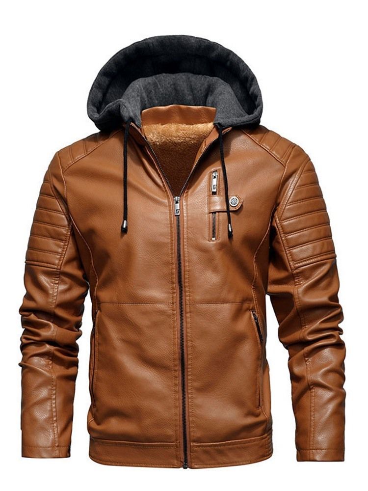 Veste En Cuir Slim À Capuche Et Fermeture Éclair Standard Pour Hommes