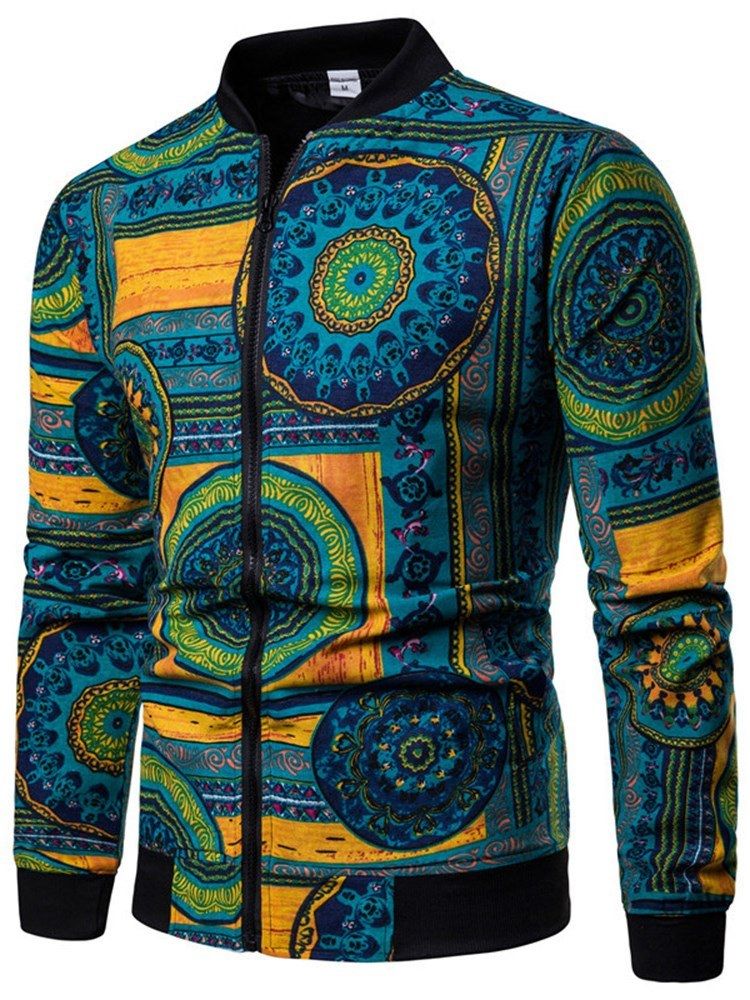 Veste Décontractée Pour Hommes À Fermeture À Glissière Imprimée À Motif Géométrique Bleu