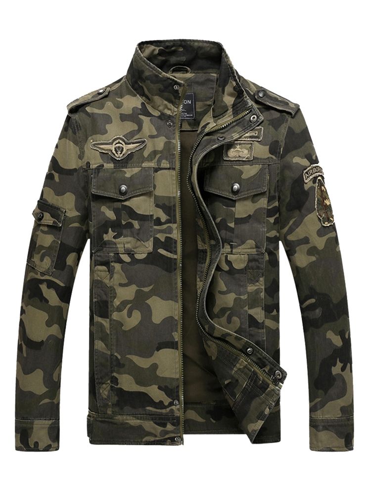 Veste Pour Hommes À Col Montant Et Camouflage En Mélange De Coton