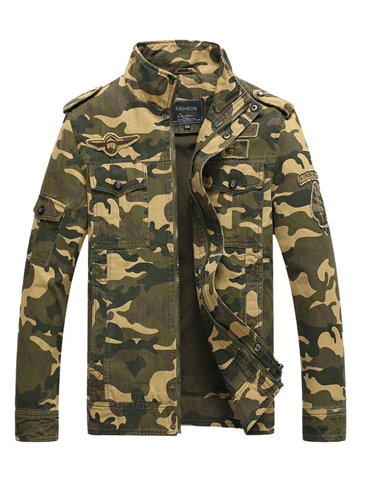 Veste Pour Hommes À Col Montant Et Camouflage En Mélange De Coton