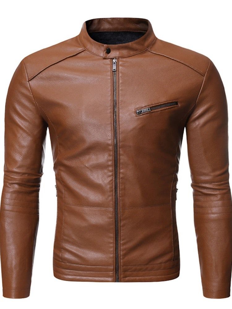 Veste Pour Hommes En Cuir À Fermeture Éclair Standard À Col Montant