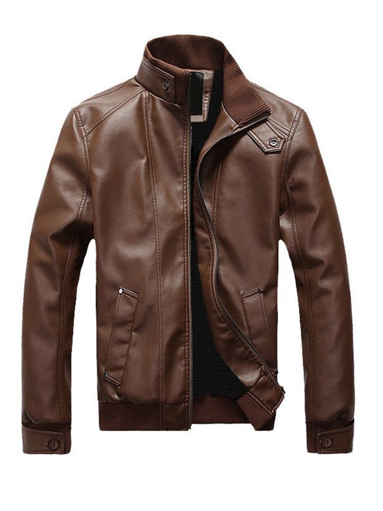 Veste Pour Hommes Vogue En Cuir Pu Uni Avec Fermeture Éclair Et Col Montant