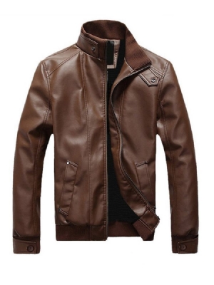 Veste Pour Hommes Vogue En Cuir Pu Uni Avec Fermeture Éclair Et Col Montant