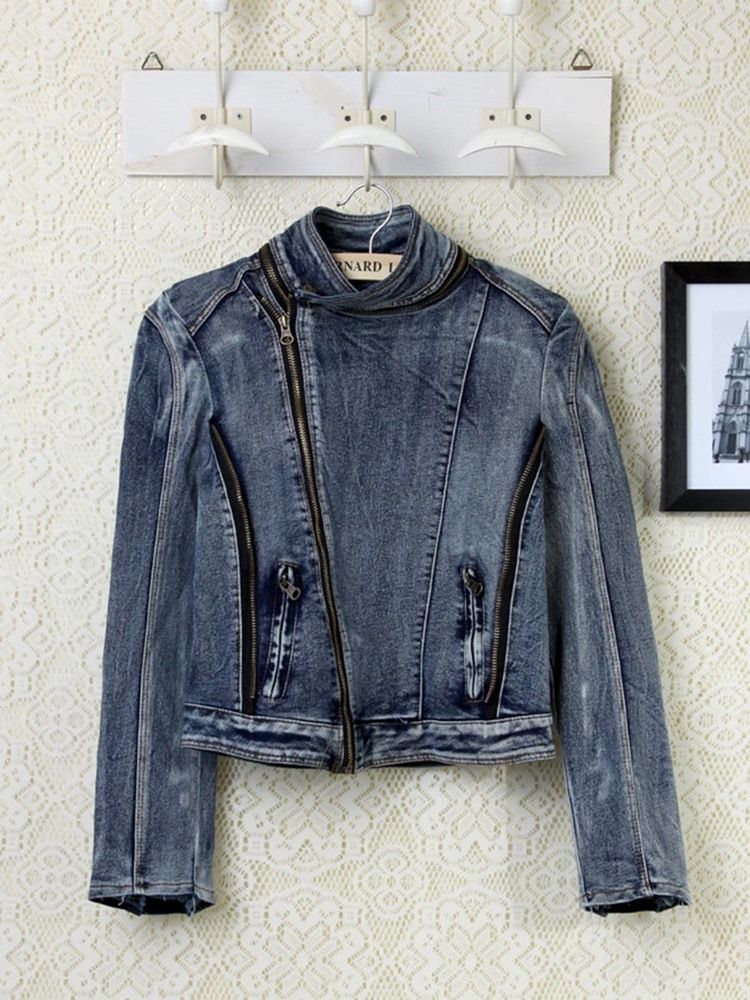 Veste En Jean Usée À Revers Mince Pour Femme