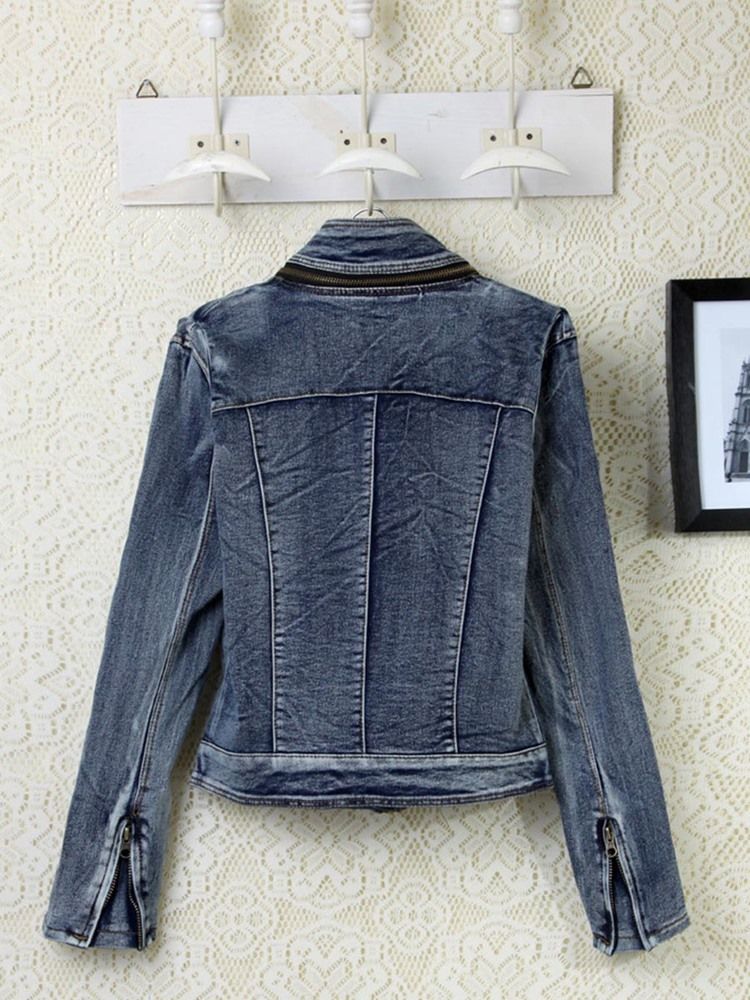 Veste En Jean Usée À Revers Mince Pour Femme