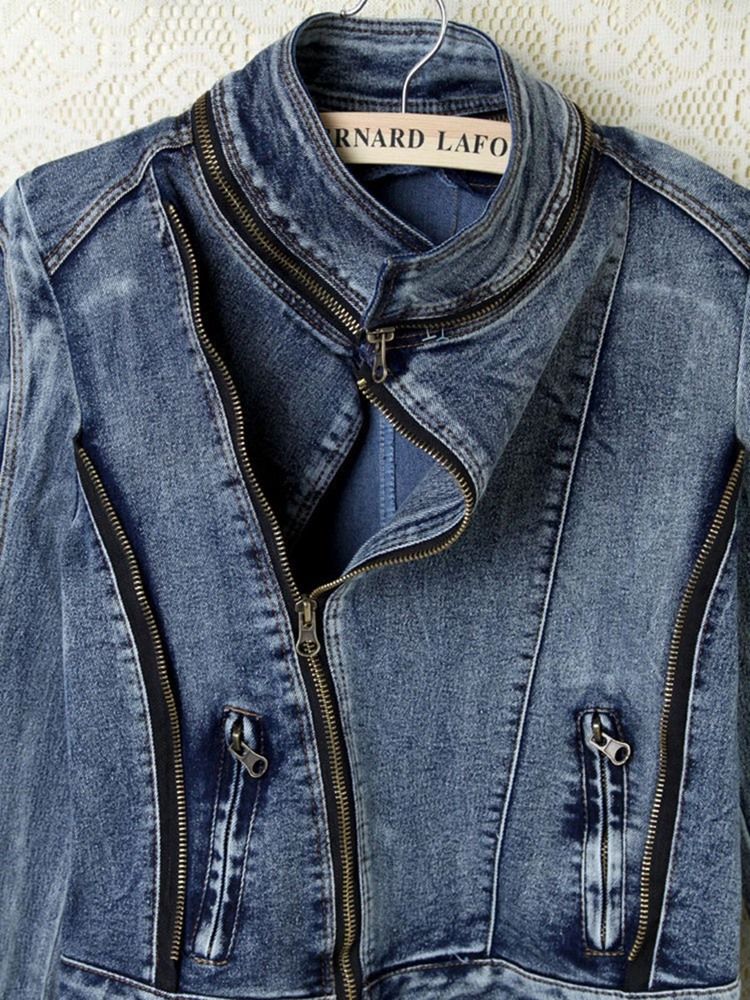 Veste En Jean Usée À Revers Mince Pour Femme