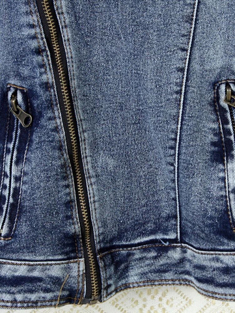 Veste En Jean Usée À Revers Mince Pour Femme